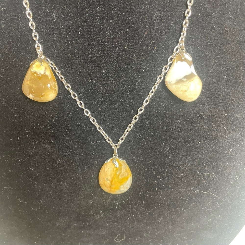 Triple Agate Stone Pendant Necklace on Silver Tone Chain - Picture 3 of 6